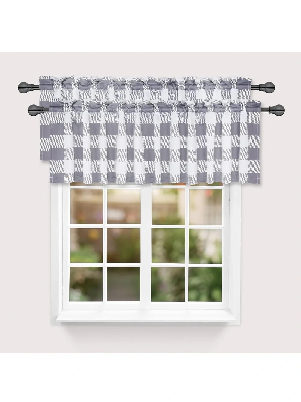 🩶 Gray Buffalo Check Kitchen Valance (2) NEW